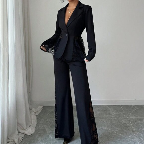 Black Casual Women's Single-Breasted Lace Patchwork Blazer & Pants Suit Set - Picture 4 of 8